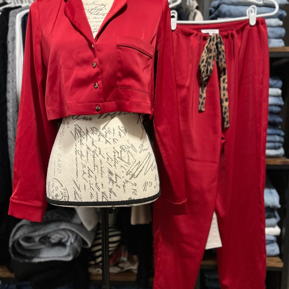 Good American Red Cheetah Cropped Drawstring Pajama Set Size 1 XS-S
